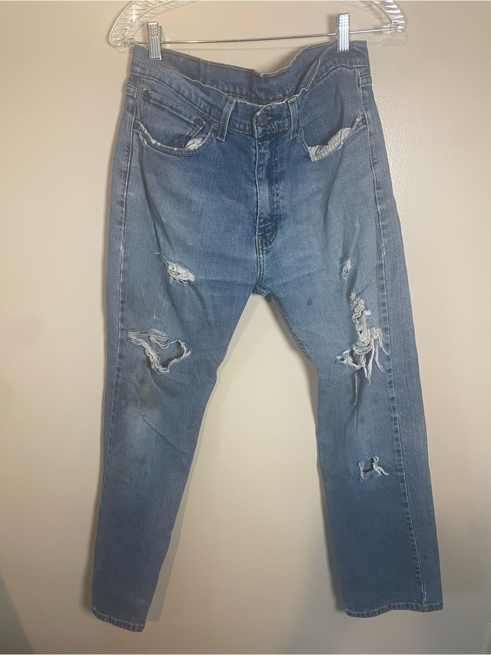 Men's Distressed Blue Denim Jeans distressed by use Levi 505 34/30